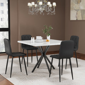 English Elm Square MDF Dining Set for 4 with Faux Marble Top, Mid-Century Modern Iron Legs, Easy-Clean Surface White+Black W578S00024
