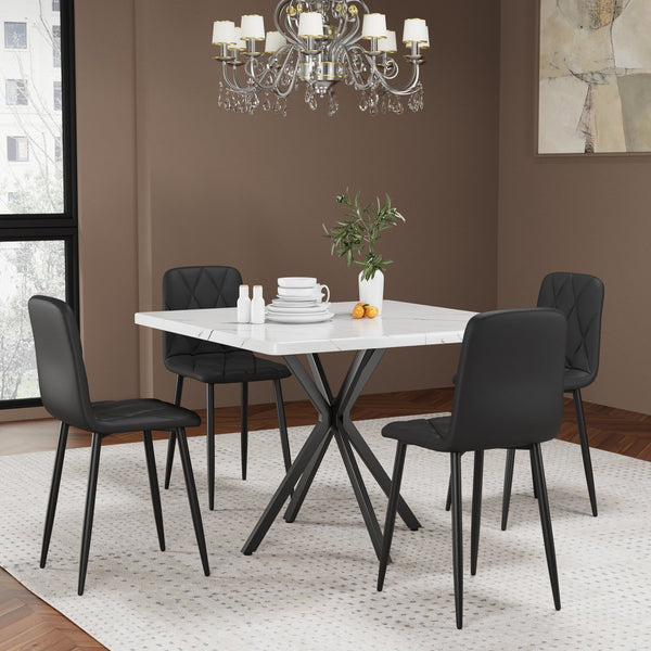 English Elm Square MDF Dining Set for 4 with Faux Marble Top, Mid-Century Modern Iron Legs, Easy-Clean Surface White+Black W578S00024