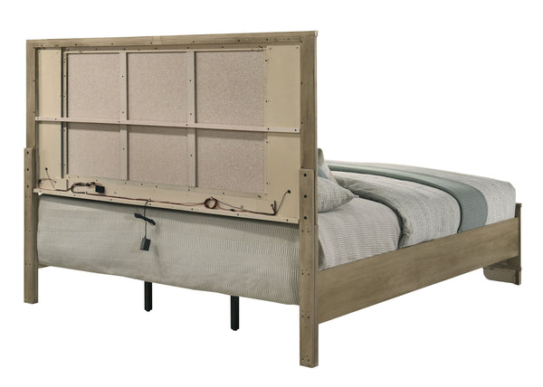 English Elm Lakkari Antique Oak Queen Bed Paneled Headboard Led Lighting Elevated Frame B2756S00011