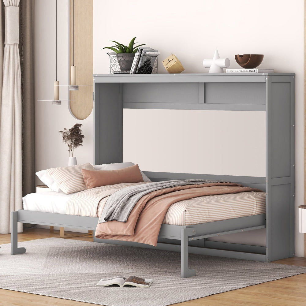 English Elm Full Size Murphy Wall Bed with Cabinet Dual Piston Folding Mechanism for Studio Spaces Gray LP000664AAE-2