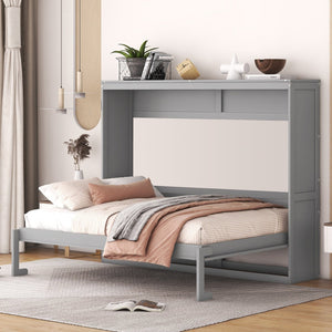 English Elm Full Size Murphy Wall Bed with Cabinet Dual Piston Folding Mechanism for Studio Spaces Gray LP000664AAE-2