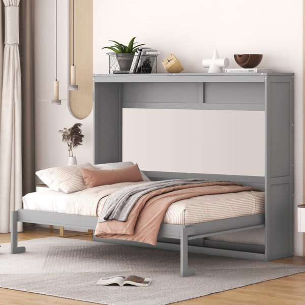 English Elm Full Size Murphy Wall Bed with Cabinet Dual Piston Folding Mechanism for Studio Spaces Gray LP000664AAE-2