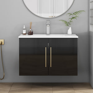 English Elm 30-Inch Black Gloss Wall-Mounted Bathroom Vanity With Soft-Close Doors & Gold Handle For Modern Style W3151S00051