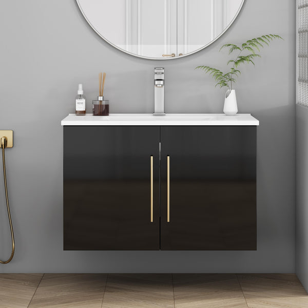 English Elm 30-Inch Black Gloss Wall-Mounted Bathroom Vanity With Soft-Close Doors & Gold Handle For Modern Style W3151S00051