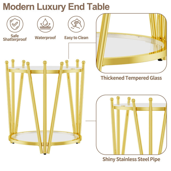 English Elm 19.69inch Gold Round Coffee Table with Crown Frame, 8mm Tempered Glass, Stainless Steel Base, Chic Storage Clear W1550P171466