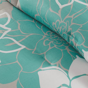 English Elm Printed Cotton Sateen Comforter Set In Aqua Queen - Floral Design With Decorative Pillows & Bedskirt B03596885-GIGA