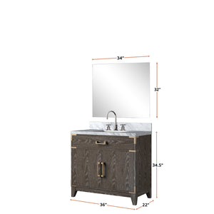 English Elm Brown Oak Single Bath Vanity 36" W with Carrara Marble Top, Chrome Gooseneck Faucet & 34" Mirror Set B2731S02008