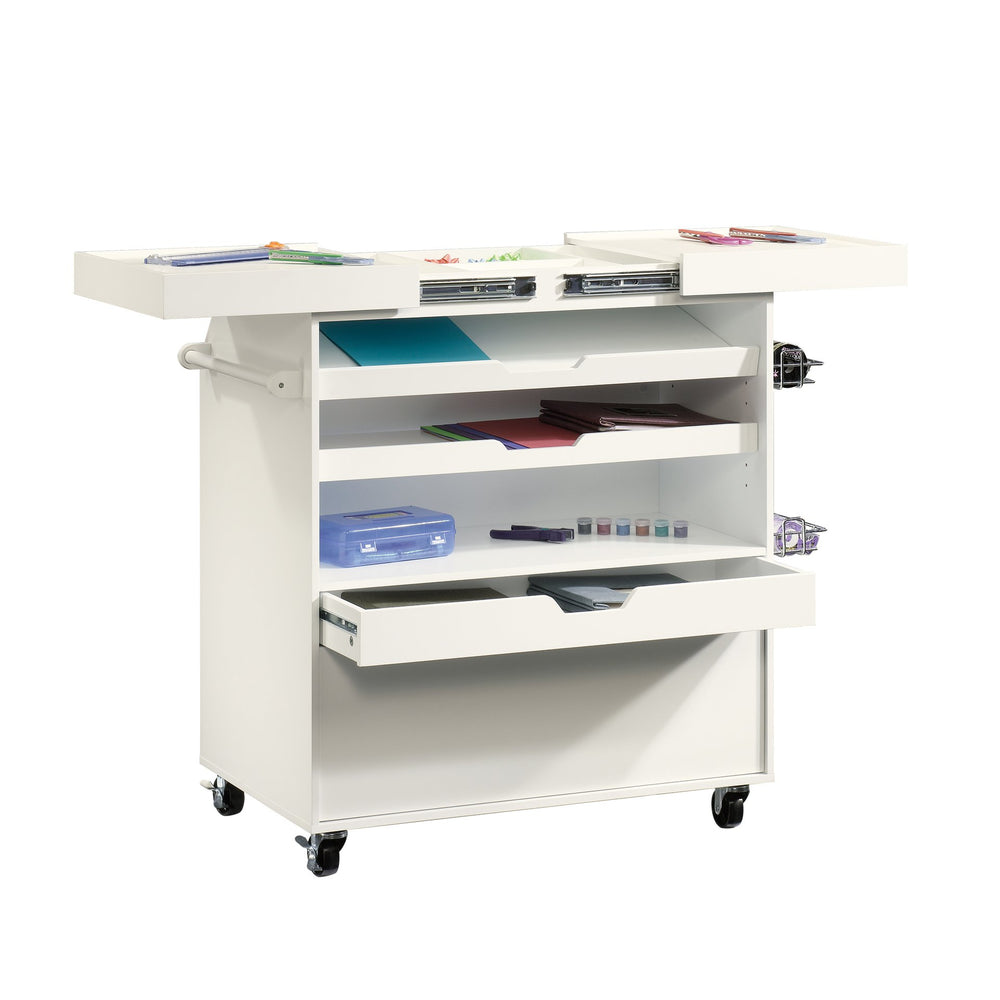 English Elm Traditional White Craft Cart with Slide Out Worktop Drawers and Rolling Storage B356P402721