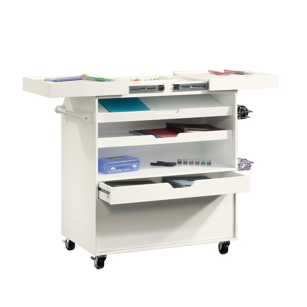 English Elm Traditional White Craft Cart with Slide Out Worktop Drawers and Rolling Storage B356P402721