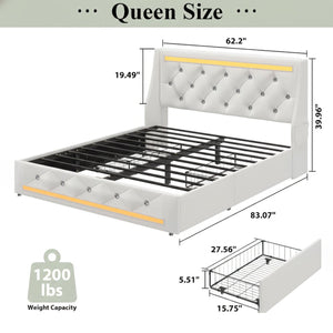 English Elm Queen Platform Bed Wingback Diamond Quilted Headboard Led Lighting Storage Drawers White W5722P462686