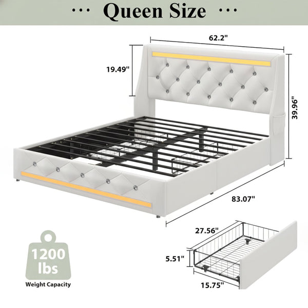 English Elm Queen Platform Bed Wingback Diamond Quilted Headboard Led Lighting Storage Drawers White W5722P462686
