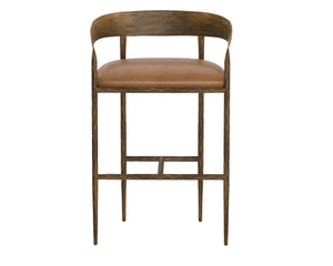 Sunpan Zanatta Stylish Barstool with Antique Brass Frame and Unique Hammered Metal Detailing for Any Space Tan Leather