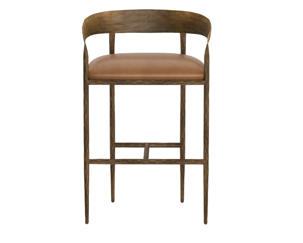 Sunpan Zanatta Stylish Barstool with Antique Brass Frame and Unique Hammered Metal Detailing for Any Space Tan Leather