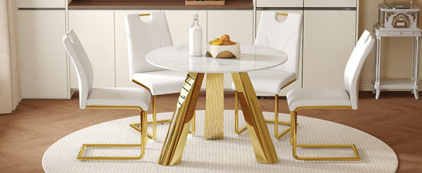 English Elm Table 5-Piece Dining Set With 42-Inch Round Snow Mountain White Top & Elegant Gold Leg Chairs W2920S00045-GIGA