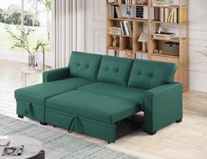 English Elm Convertible Upholstered Sectional Sofa with Pull-out Chaise Sleeper and Storage Green B2730S00004