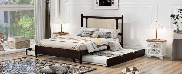 English Elm Queen Size Wooden Rattan Platform Bed With Spacious Storage Drawers & Twin Trundle In Espresso Finish N820S00002P-GIGA