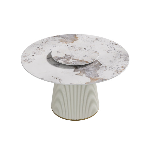 English Elm 53.15 Modern Round Dining Table With Rotating Turntable - Elegant White Sintered Stone For 6 People W1535S00452