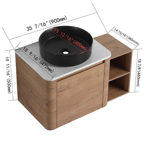 English Elm 36'' Wall-Mounted Bathroom Vanity With Ceramic Vessel Sink, Soft-Close Door & Stylish Storage Shelves W999S00407