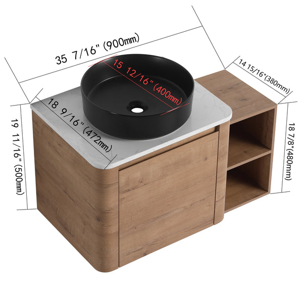 English Elm 36'' Wall-Mounted Bathroom Vanity With Ceramic Vessel Sink, Soft-Close Door & Stylish Storage Shelves W999S00407