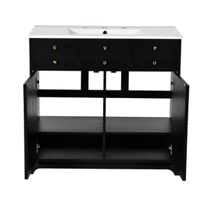 English Elm 36'' Bathroom Vanity with Ceramic Sink Combines Retro Solid Wood Frame, Soft-Close Drawers & Ample Storage Black N710P195628B