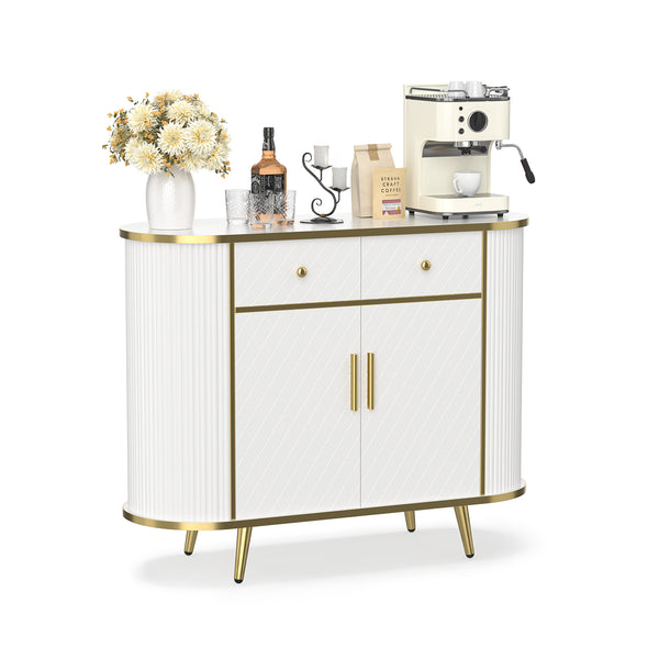 English Elm Luxury Fluted Curved Sideboard with Golden Legs Sculptural White Storage for Entryway T3773P417294