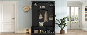 English Elm On-trend Farmhouse Hall Tree with Dual Cabinets Seven Hooks and Arched Entryway Storage Black N721S000078B