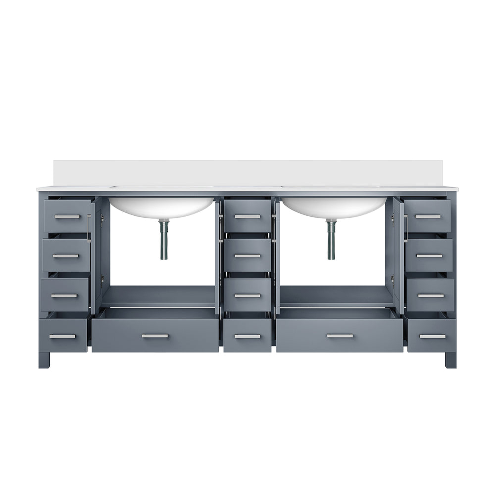 English Elm Dark Grey 84" Double Bath Vanity with White Quartz Top, Solid Wood, Soft-Close Drawers, Ample Storage B2731P258975