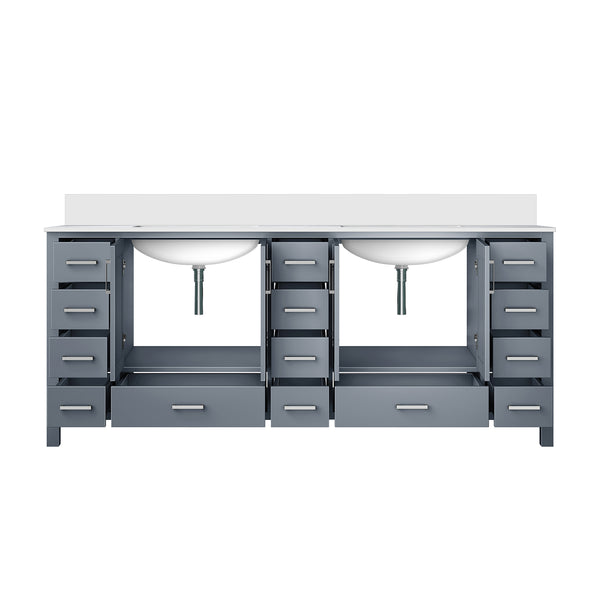 English Elm Dark Grey 84" Double Bath Vanity with White Quartz Top, Solid Wood, Soft-Close Drawers, Ample Storage B2731P258975