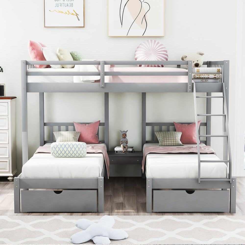 English Elm Full Over Twin Triple Bunk Bed Pine Wood Frame with Storage Drawers and Guardrails LT000343AAE-1