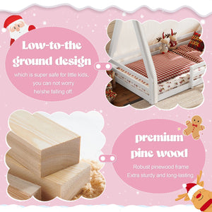 English Elm Twin Montessori Floor Bed Solid Pine Teepee Frame with Guardrails and Canopy Light W1580P369465
