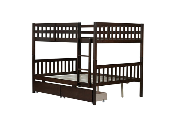 English Elm Full Full Over Full Rubber Wood Bunk Bed With 2 Storage Drawers, Convertible Into 2 Separate Beds, Espresso W504S00196