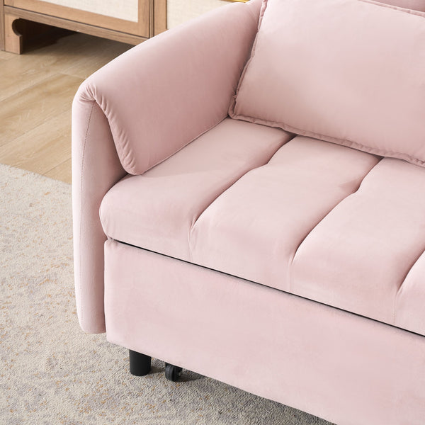 English Elm 52 Pink Modern Velvet Sofa Bed 3-in-1 Convertible Loveseat with Pillows, Pockets, Metal Legs, Compact Design W1658P266338