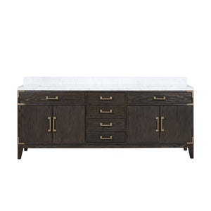 English Elm Brown Oak Double Bath Vanity With Carrara Marble Top - Elegant Storage, Soft-Close, 84" Wide Design B2731P259957