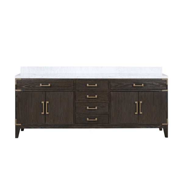 English Elm Brown Oak Double Bath Vanity With Carrara Marble Top - Elegant Storage, Soft-Close, 84" Wide Design B2731P259957