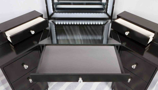 English Elm Glam Elegant Vanity Set with LED Mirror, Plush Stool, Ample Storage, Felt-Lined Drawers, Chic Finish Grey Mix 34 L x 19 W x 31 H B2741S00677