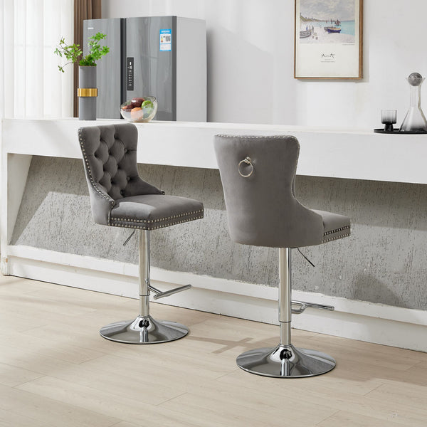 English Elm Thick Velvet Swivel Barstools Adjustable 25-33" Height with 17.7" Chrome Base, Tufted Diamond Pleat Elegance Gray W1143P335043