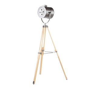 English Elm Floor Tripod Lamp Natural Wood Antique Metal Shade Adjustable Industrial Reading Light B202S01384