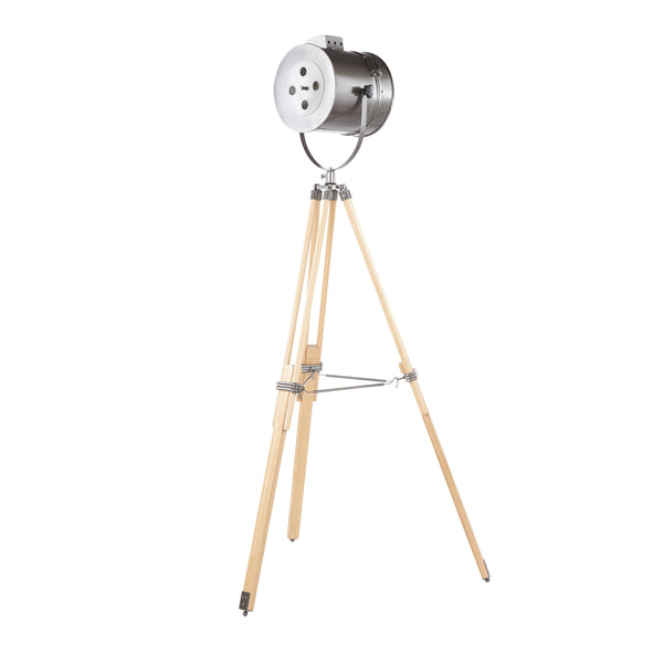 English Elm Floor Tripod Lamp Natural Wood Antique Metal Shade Adjustable Industrial Reading Light B202S01384