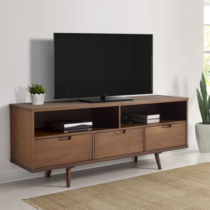 English Elm Walker Edison - Mid-Century Solid Wood 3-Drawer 58" TV Stand with Cord Management, Open Cubbies & Angled Legs Walnut 69 L x 19 W x 6 H B185P169381
