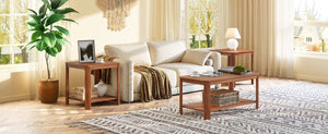 English Elm Arc Corner Oak Coffee Table with Open Shelf Wave Grain Legs Modern Living Room Accent W5563P449954