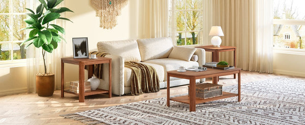 English Elm Arc Corner Oak Coffee Table with Open Shelf Wave Grain Legs Modern Living Room Accent W5563P449954