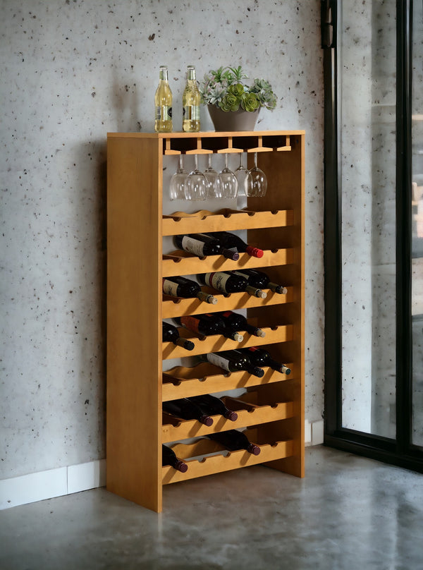 English Elm Hanzi Oak Freestanding Wine Rack with Stemware Storage Holds 35 Bottles B2726P408073