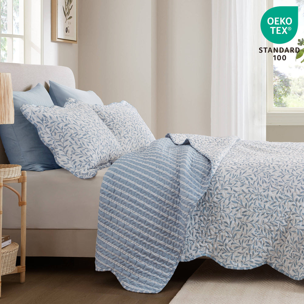 English Elm 5-piece Cotton Dobby Botanical Duvet Set with Embroidered Coastal Throw Pillows B035P463290