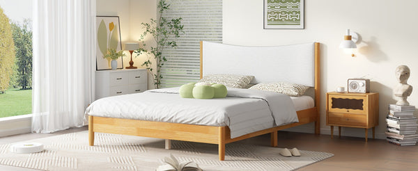 English Elm Queen Size Solid Rubberwood Bed With Boucle Upholstered Headboard, Sleek Beech White Finish & Support W504P184308-GIGA