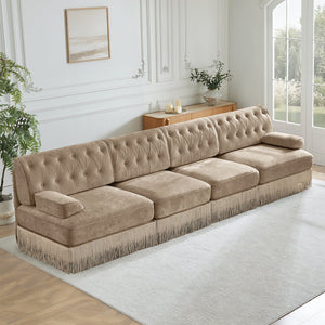 English Elm 135" Modular Chesterfield Sectional Velvet Tufted Sofa with Tassel Skirt for Lounge Rooms Camel W714S01699