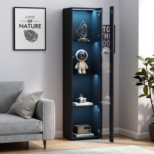 English Elm Black Side Cabinet with Aluminum LED Strip Lamps, Tall 170cm Storage Unit, Melamine Finish, Modern Design W33140088