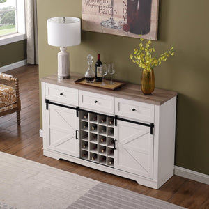 English Elm Farmhouse Wine Bar Cabinet with Independent Wine Rack, 3 Smooth Drawers, Thick Top, Rustic Buffet Sideboard W3151S00001