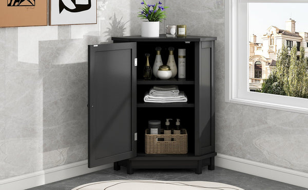 English Elm Black Triangle Corner Bathroom Cabinet with Adjustable Shelves, Modern MDF Storage Organizer, 70lb Capacity, Space-Saving Design N725P172615B