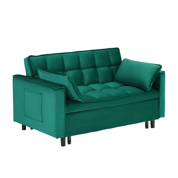 English Elm 55-inch Green velvet sofa bed with storage pockets, 2-seat convertible sleeper, solid wood frame, 500lb capacity W1658P239827