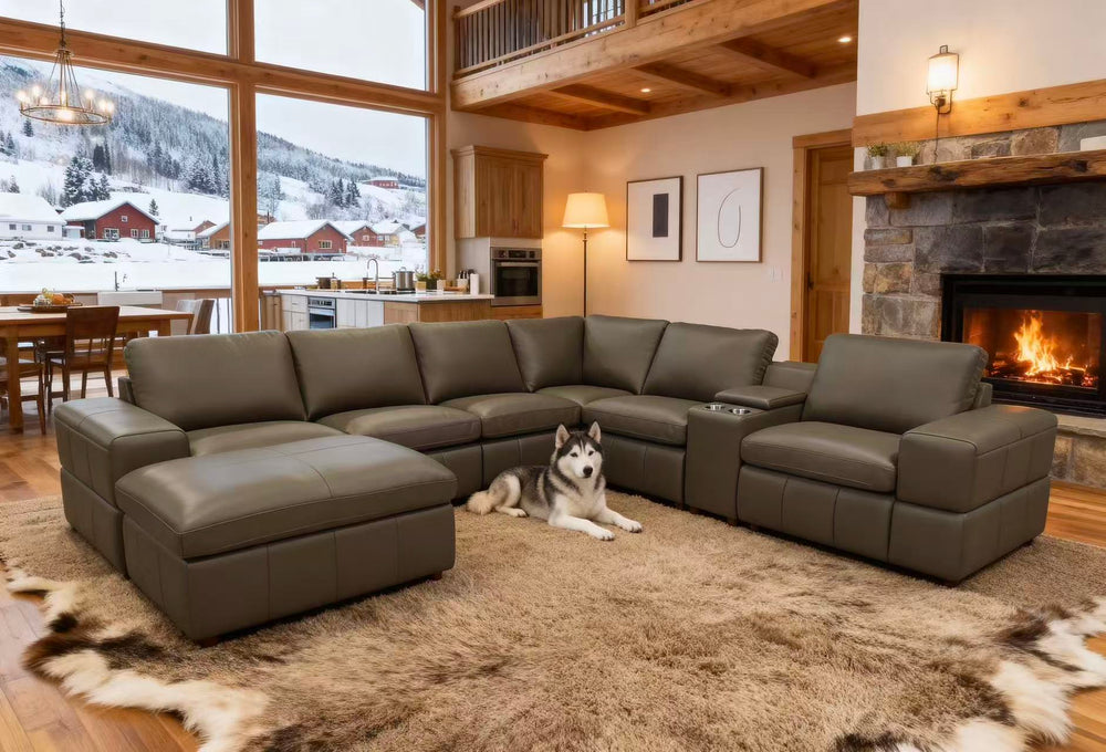English Elm Premium Leather Match Sectional with Dual Recliners Square Arms and Console Storage Olive Green B2748S00142